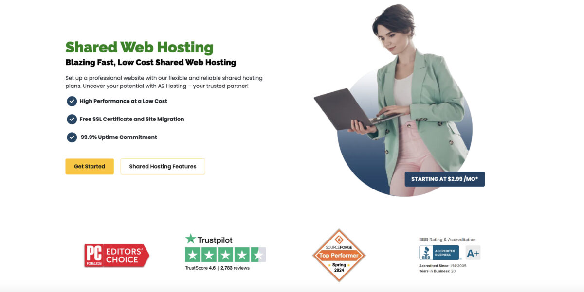 preview of Shared web hosting page on A2 Hosting
